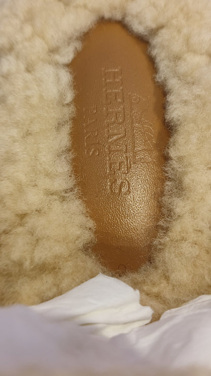 Hermes Oz Shearling/Suede Mules Natural Size 35