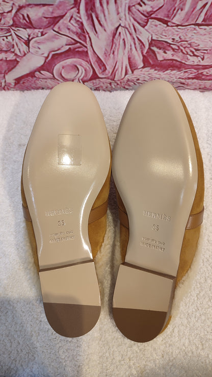 Hermes Oz Shearling/Suede Mules Natural Size 35