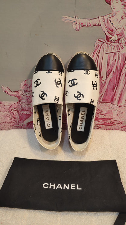 Chanel Lambskin CC Print Espadrille Black and White Size 36