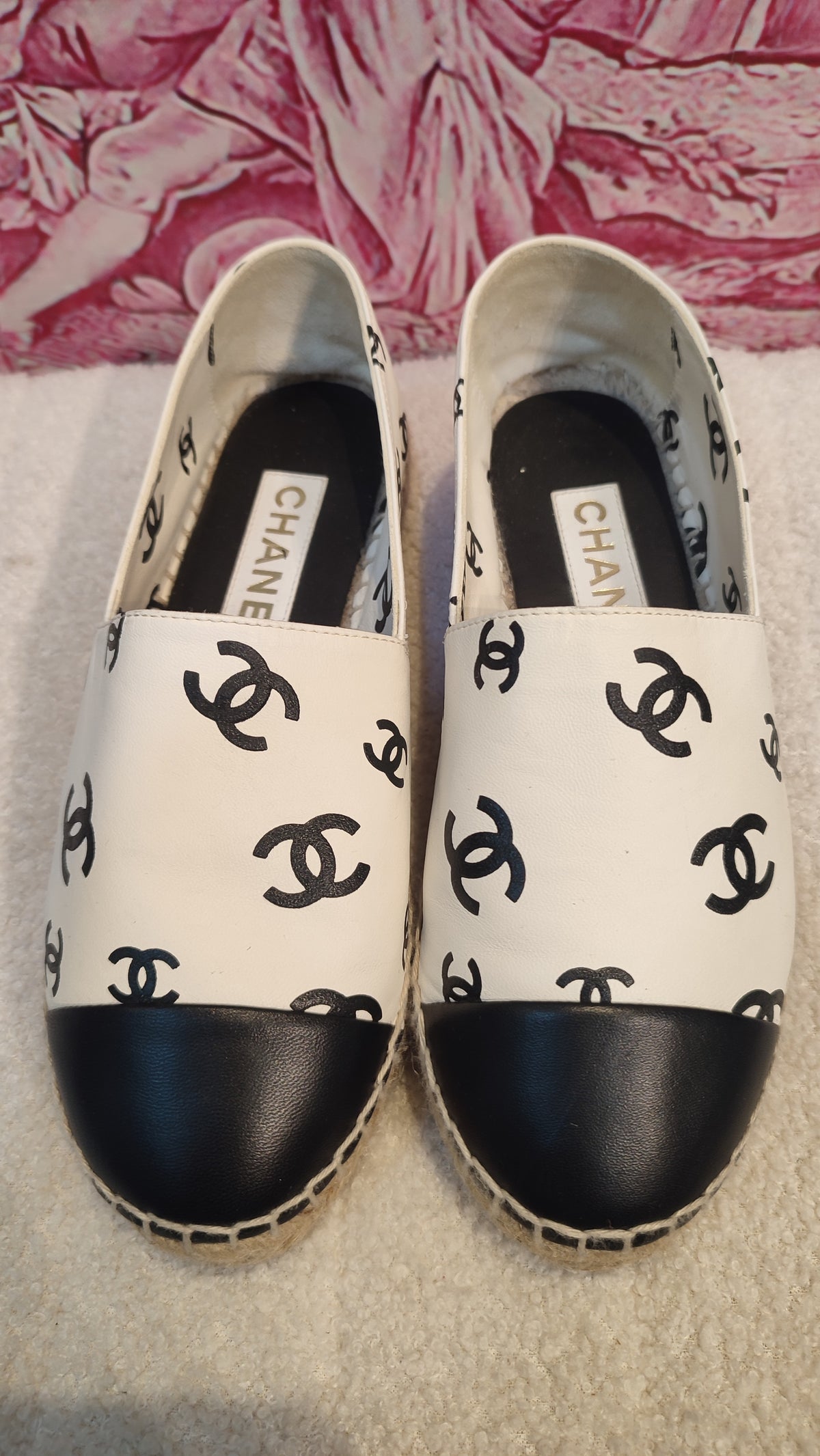 Chanel Lambskin CC Print Espadrille Black and White Size 36