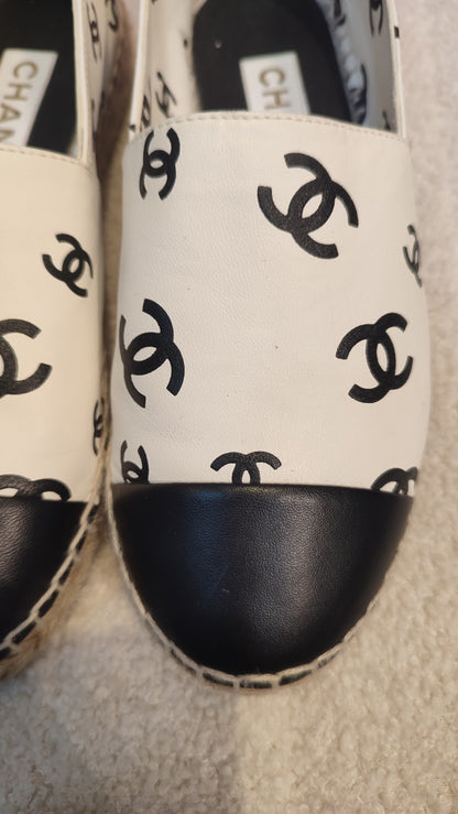 Chanel Lambskin CC Print Espadrille Black and White Size 36