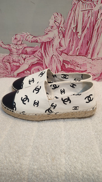 Chanel Lambskin CC Print Espadrille Black and White Size 36