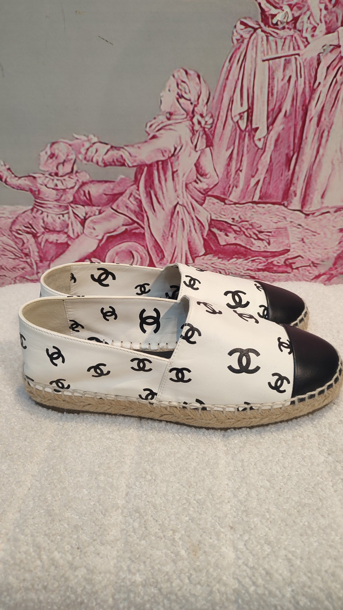 Chanel Lambskin CC Print Espadrille Black and White Size 36