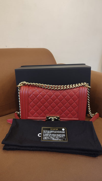 Chanel CC Le Boy Caviar Red Old Medium Series 29