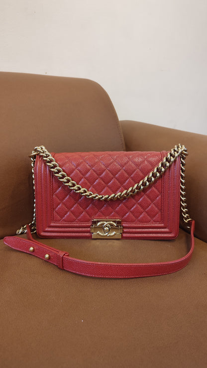 Chanel CC Le Boy Caviar Red Old Medium Series 29