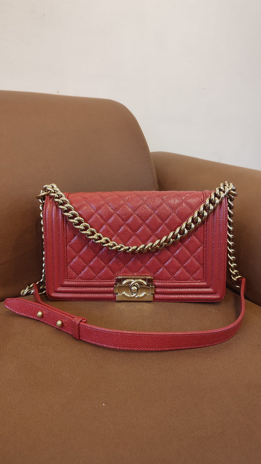 Chanel CC Le Boy Caviar Red Old Medium Series 29