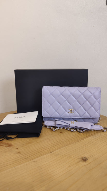 Chanel CC Wallet on Chain Lambskin Ribbon Strap Lavender Microchipped