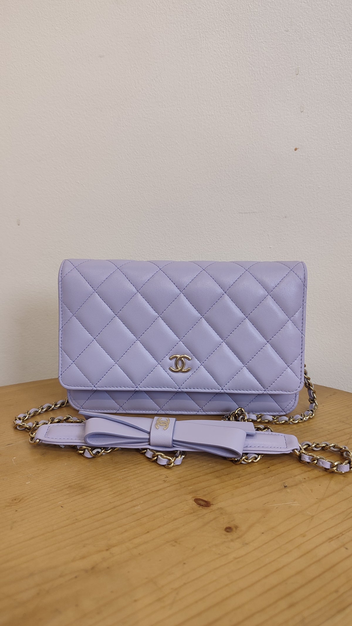 Chanel CC Wallet on Chain Lambskin Ribbon Strap Lavender Microchipped