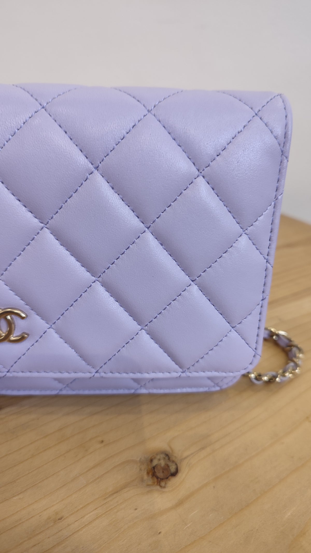 Chanel CC Wallet on Chain Lambskin Ribbon Strap Lavender Microchipped