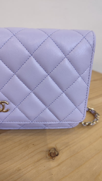 Chanel CC Wallet on Chain Lambskin Ribbon Strap Lavender Microchipped