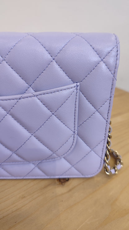 Chanel CC Wallet on Chain Lambskin Ribbon Strap Lavender Microchipped