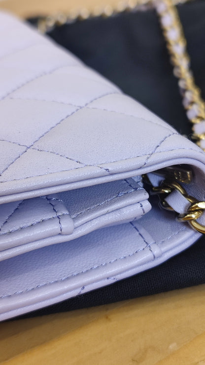 Chanel CC Wallet on Chain Lambskin Ribbon Strap Lavender Microchipped