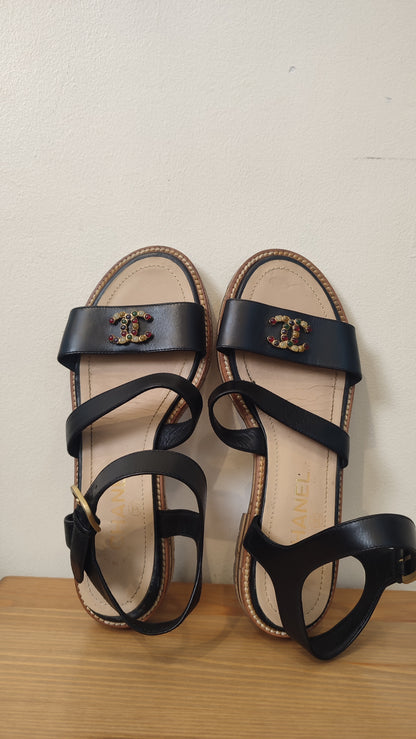 Chanel CC 2015 Gladiator Cork-Heeled Black Size 37 1/2