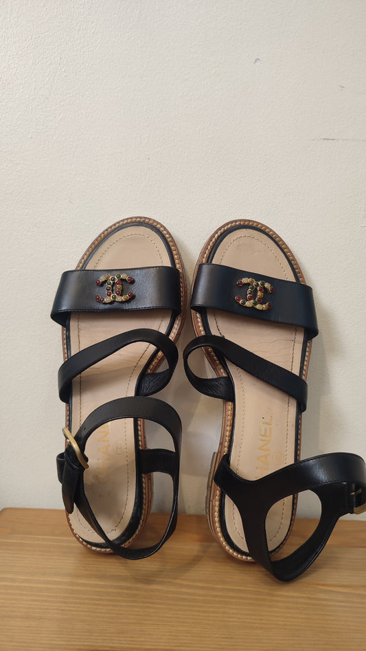 Chanel CC 2015 Gladiator Cork-Heeled Black Size 37 1/2