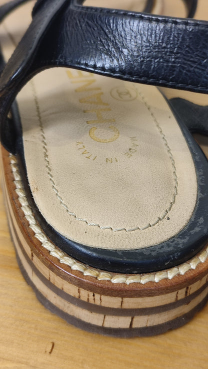 Chanel CC 2015 Gladiator Cork-Heeled Black Size 37 1/2