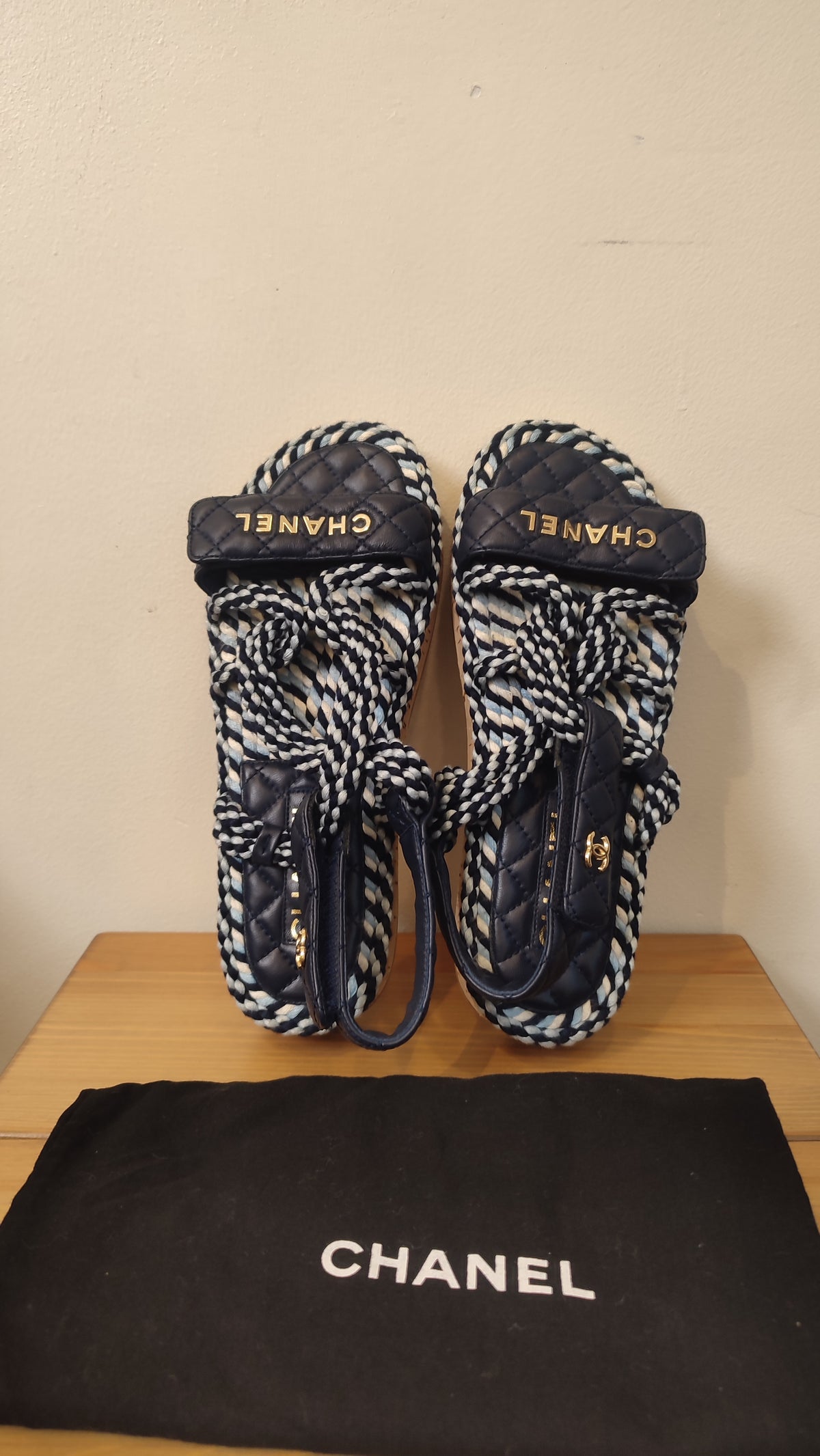 Chanel Cord and Lambskin Quilted Logo Sandals Blue/White Size 38