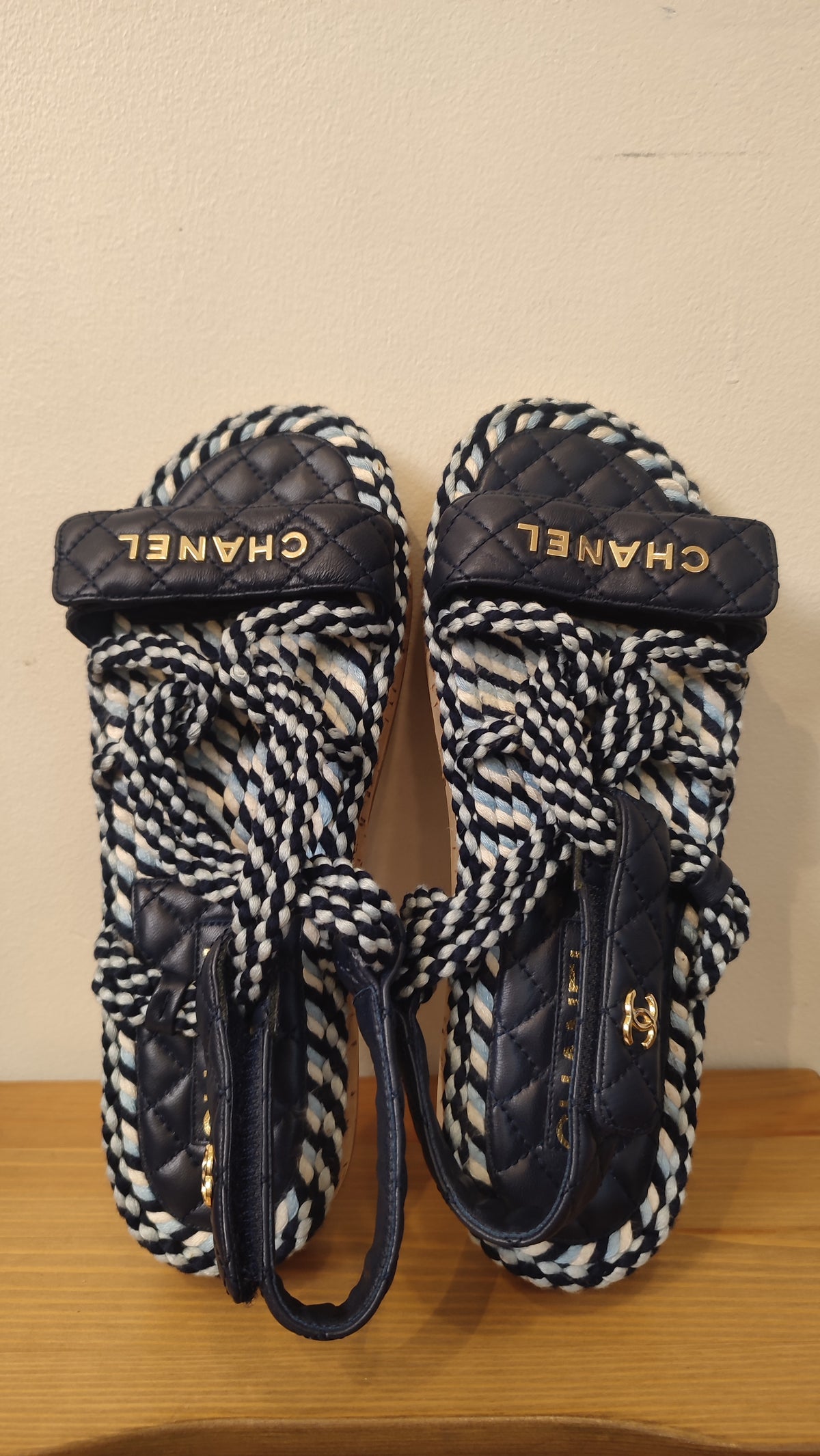Chanel Cord and Lambskin Quilted Logo Sandals Blue/White Size 38
