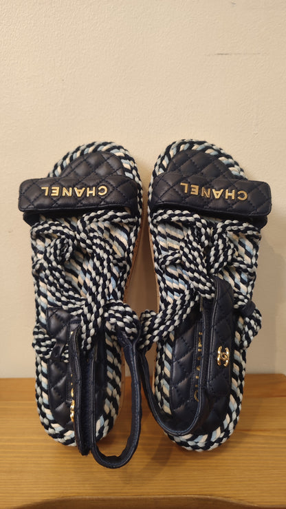 Chanel Cord and Lambskin Quilted Logo Sandals Blue/White Size 38