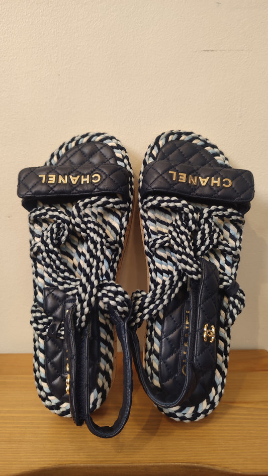 Chanel Cord and Lambskin Quilted Logo Sandals Blue/White Size 38