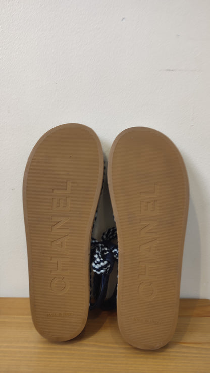 Chanel Cord and Lambskin Quilted Logo Sandals Blue/White Size 38