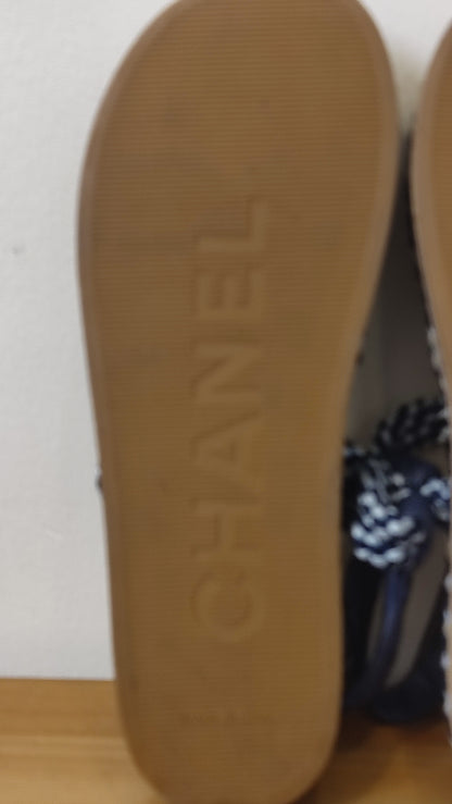 Chanel Cord and Lambskin Quilted Logo Sandals Blue/White Size 38