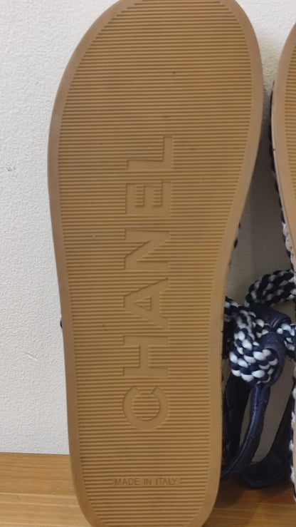 Chanel Cord and Lambskin Quilted Logo Sandals Blue/White Size 38
