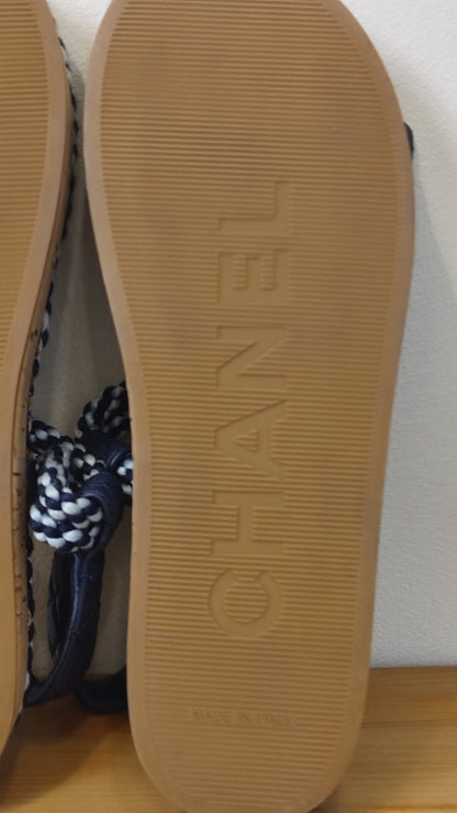 Chanel Cord and Lambskin Quilted Logo Sandals Blue/White Size 38