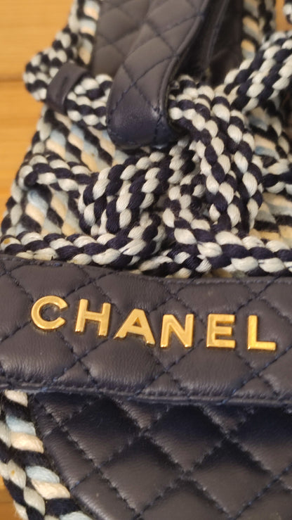 Chanel Cord and Lambskin Quilted Logo Sandals Blue/White Size 38