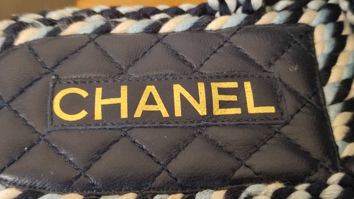Chanel Cord and Lambskin Quilted Logo Sandals Blue/White Size 38