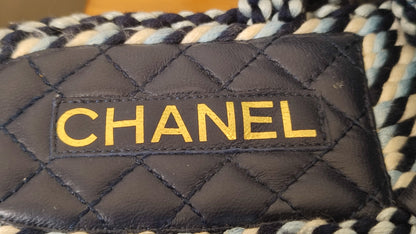 Chanel Cord and Lambskin Quilted Logo Sandals Blue/White Size 38