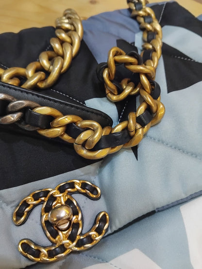 Chanel 19 Printed Silk Blue-Toned Quilted Maxi Flap Bag Series 30