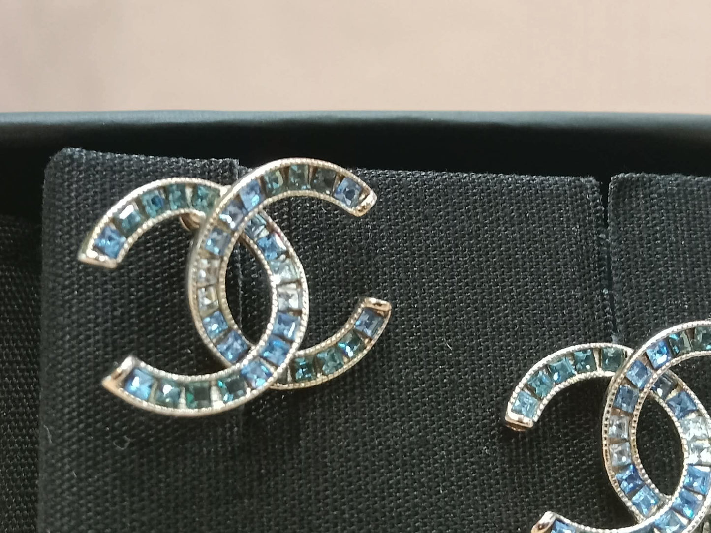 Chanel CC Silver Blue Princess Crystal Stud Earrings
