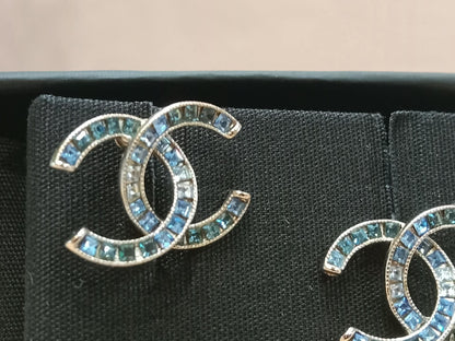 Chanel CC Silver Blue Princess Crystal Stud Earrings