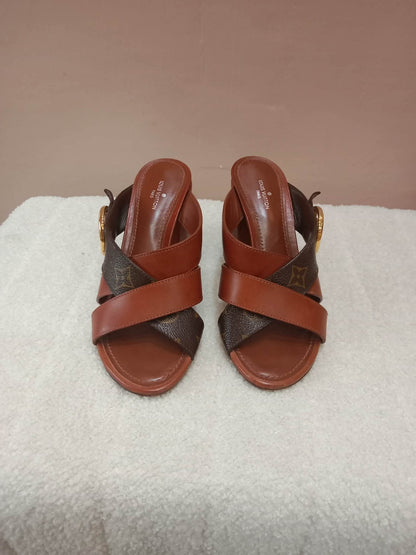 Louis Vuitton Horizon Block Heels Slide Sandals Monogram Leather Brown Size 36