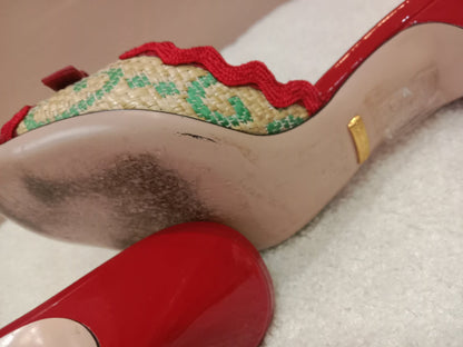 Gucci Kertu Mule Heels Red Patent Leather Trim and Bow Detail Size 36