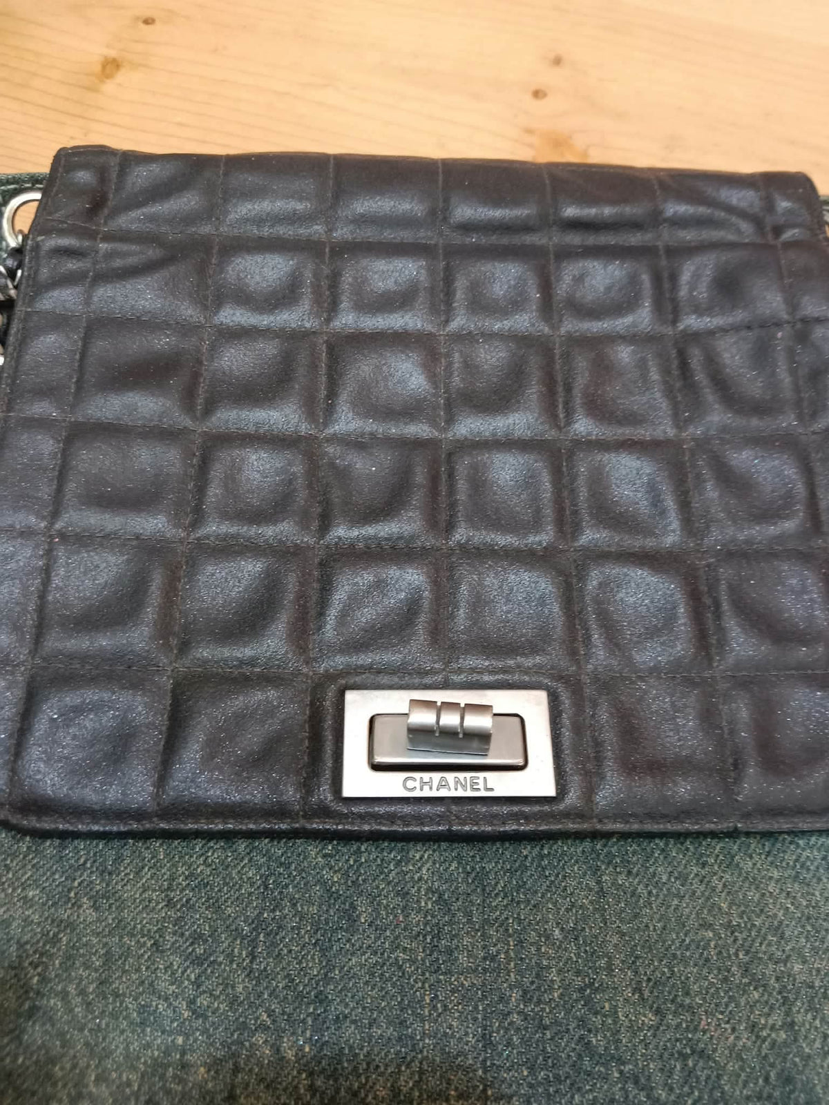 Chanel Vintage Denim and Leather Chocolate Bar Blue Green Denim Series 6