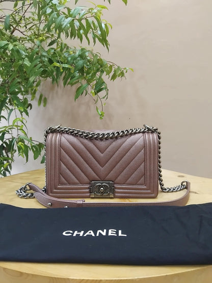 Chanel Le Boy Rose Gold Old Medium Caviar Series 26