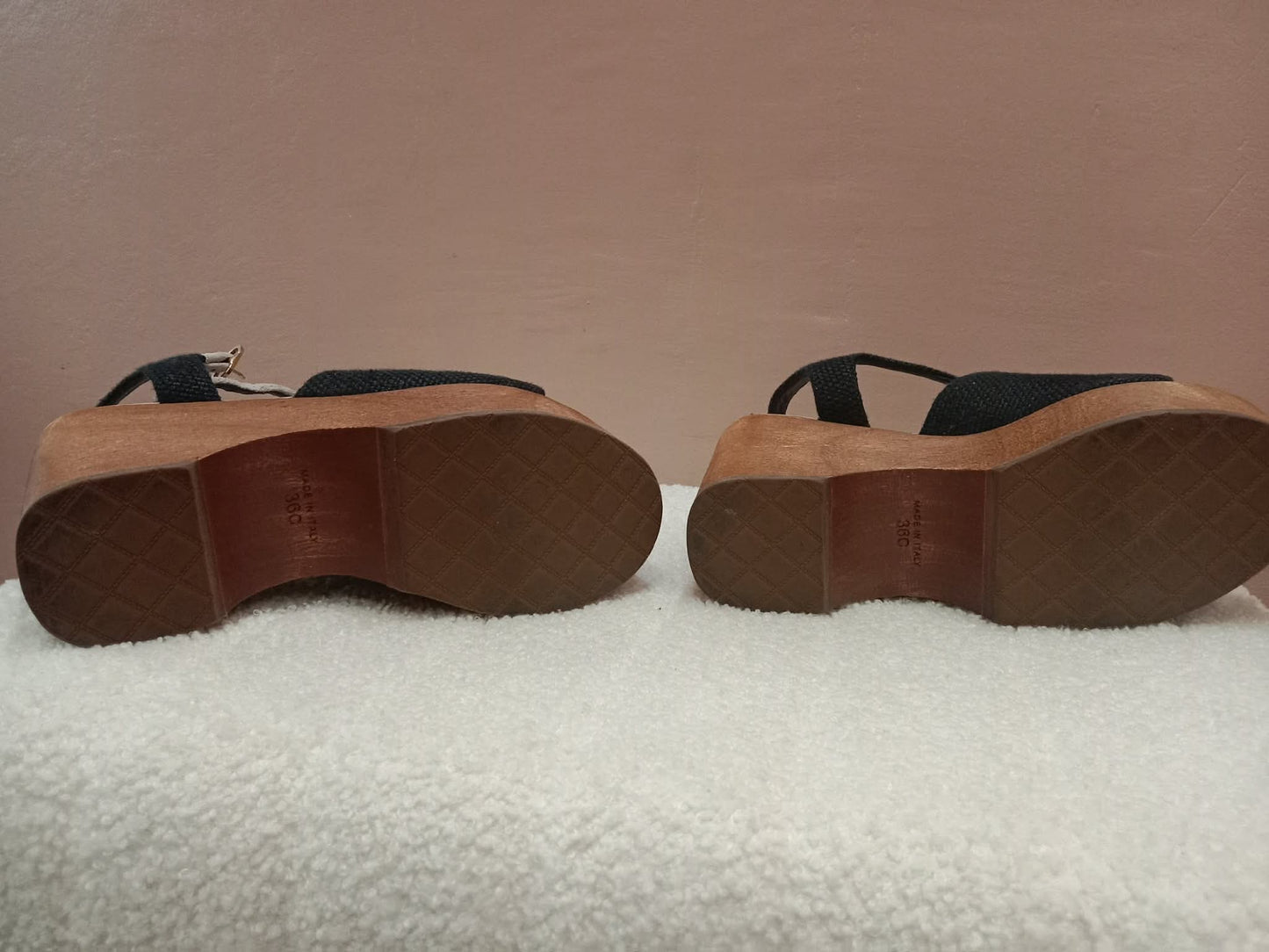 Chanel Wedge Sandals Black Canvas Embroidered Interlocking CC Logo Size 36