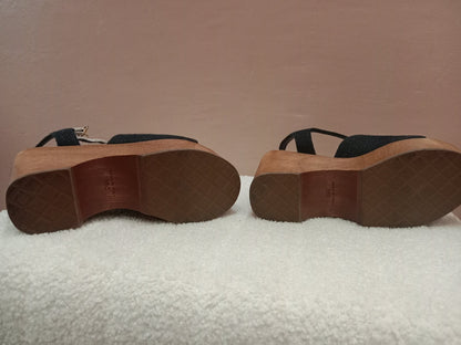 Chanel Wedge Sandals Black Canvas Embroidered Interlocking CC Logo Size 36