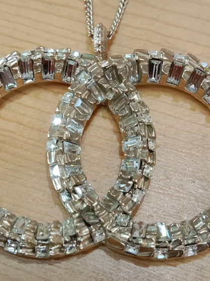 Chanel Crystal CC Pendant Crystal Necklace Silver
