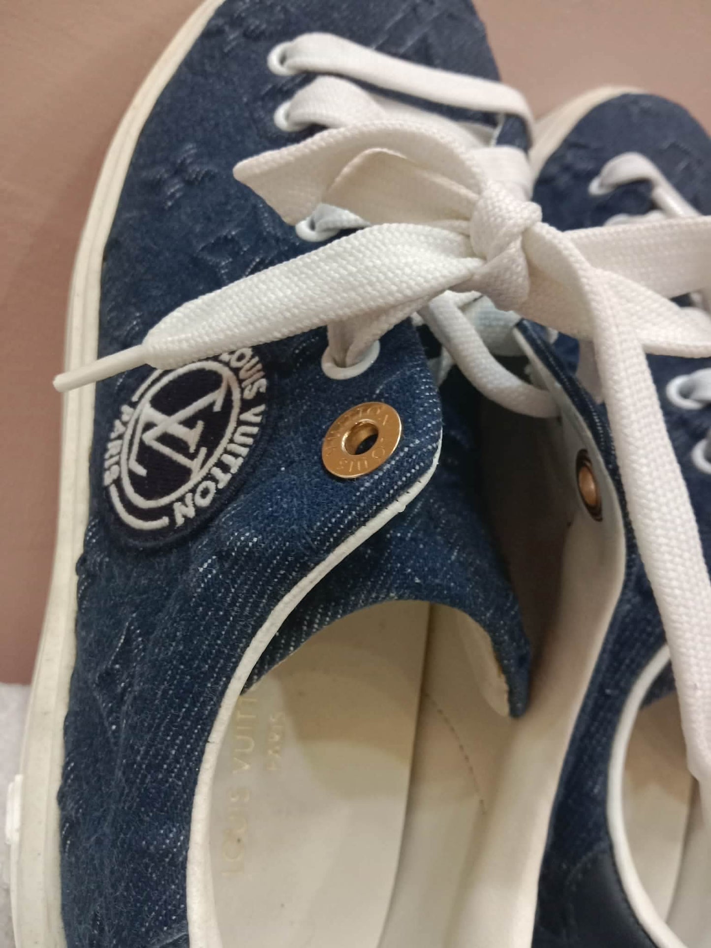 Louis Vuitton Time Out Sneakers Dark Blue Denim Monogram Embossed Pattern Size 37.5