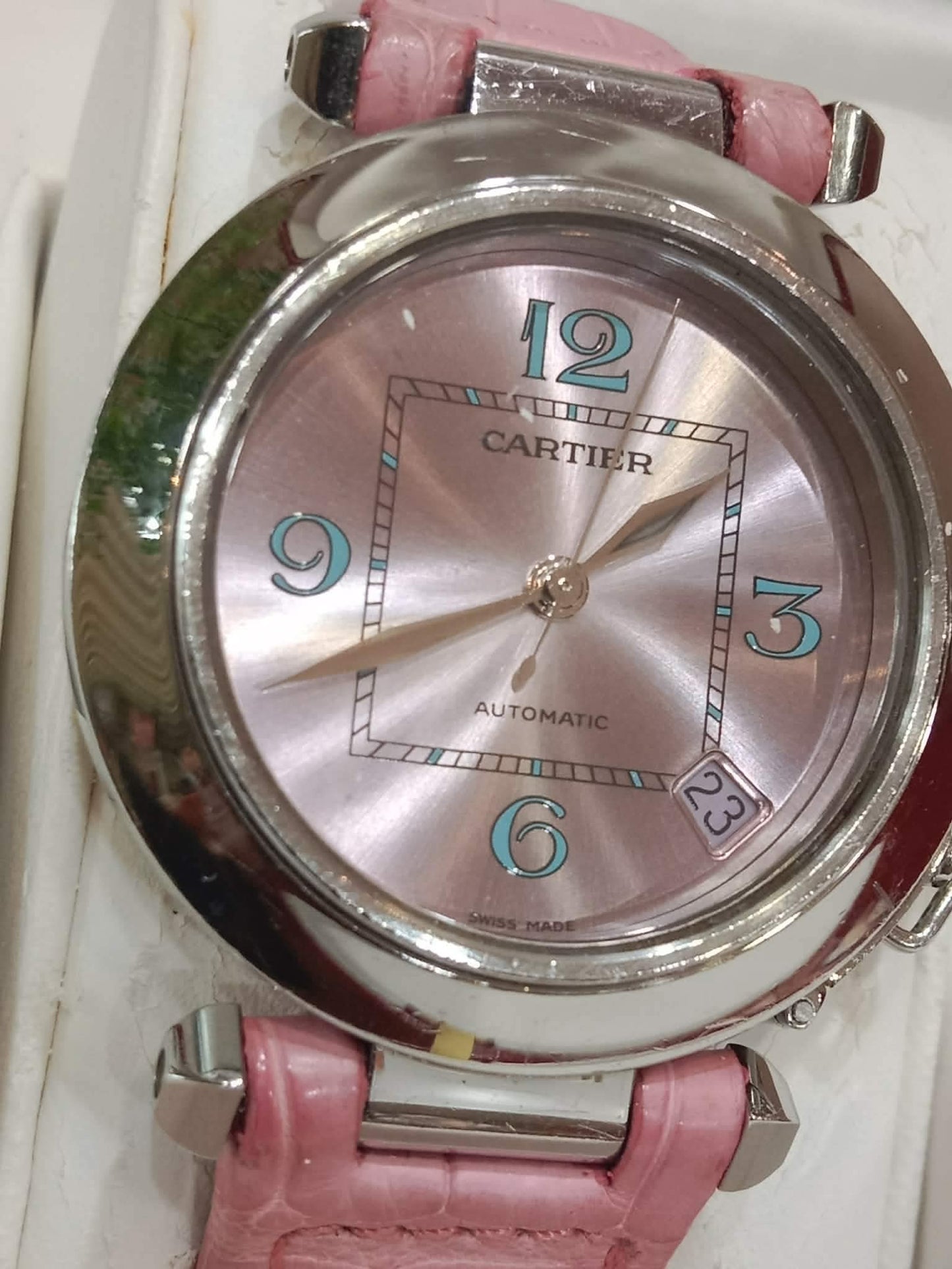 Cartier Pasha C Pink Blue Limited Edition Watch 35mm Stainless Steel Case Pink Alligator Leather Strap