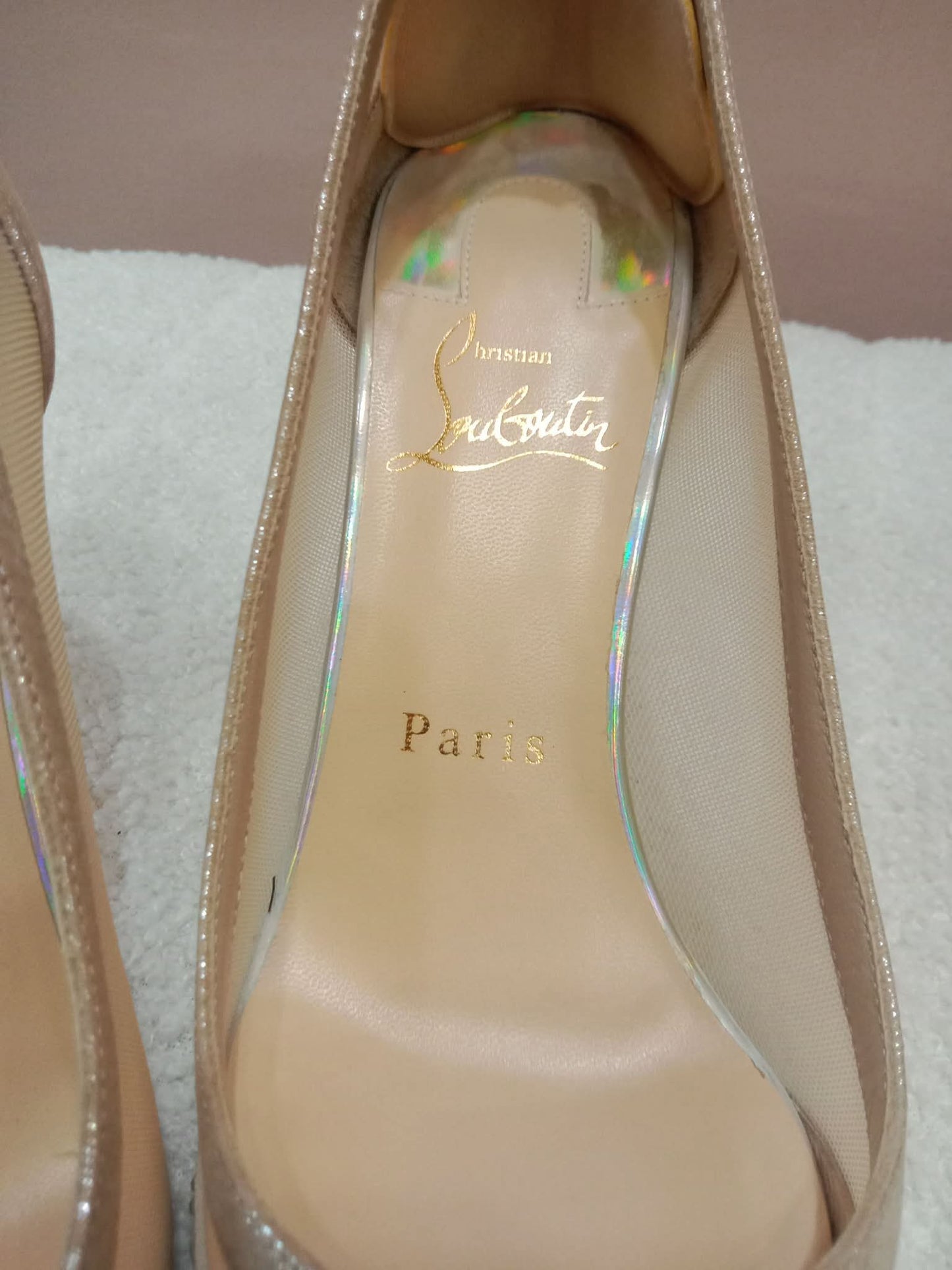 Christian Louboutin Galativi Pumps Beige Suede/Mesh with Crystal Embellishments Size 36