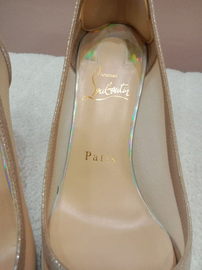 Christian Louboutin Galativi Pumps Beige Suede/Mesh with Crystal Embellishments Size 36