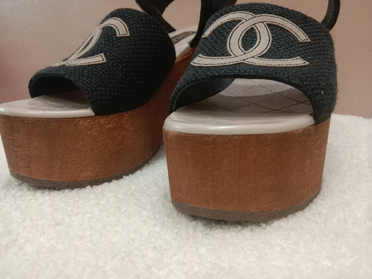 Chanel Wedge Sandals Black Canvas Embroidered Interlocking CC Logo Size 36
