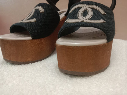 Chanel Wedge Sandals Black Canvas Embroidered Interlocking CC Logo Size 36