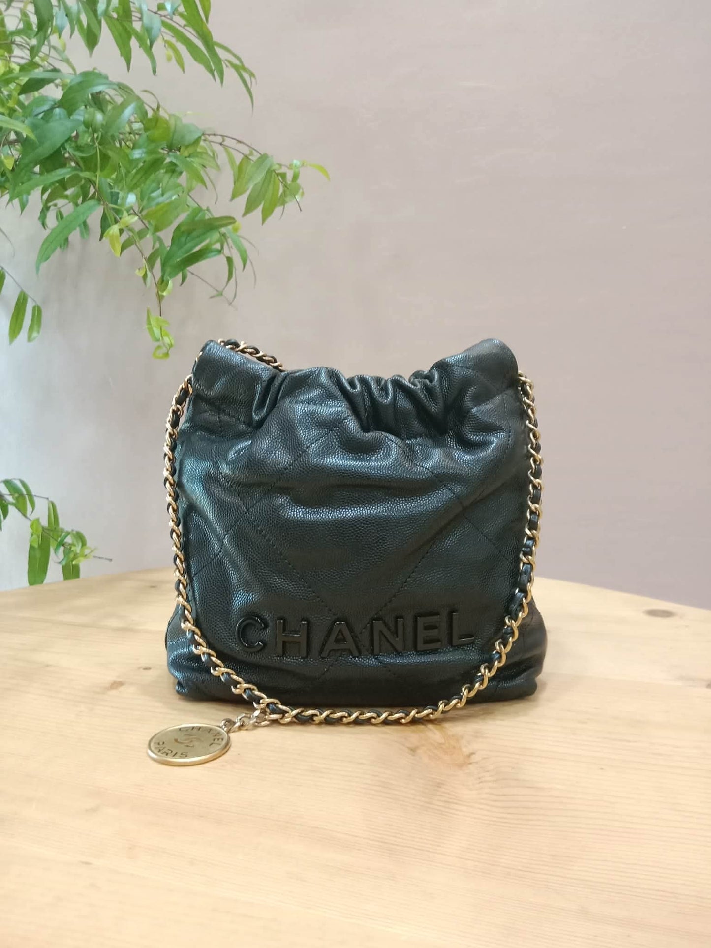 Chanel 22 Shiny Caviar Black Monochrome Mini Microchipped