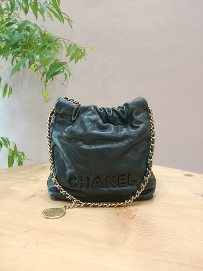 Chanel 22 Shiny Caviar Black Monochrome Mini Microchipped