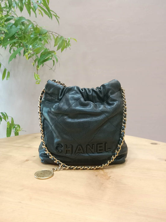 Chanel 22 Shiny Caviar Black Monochrome Mini Microchipped