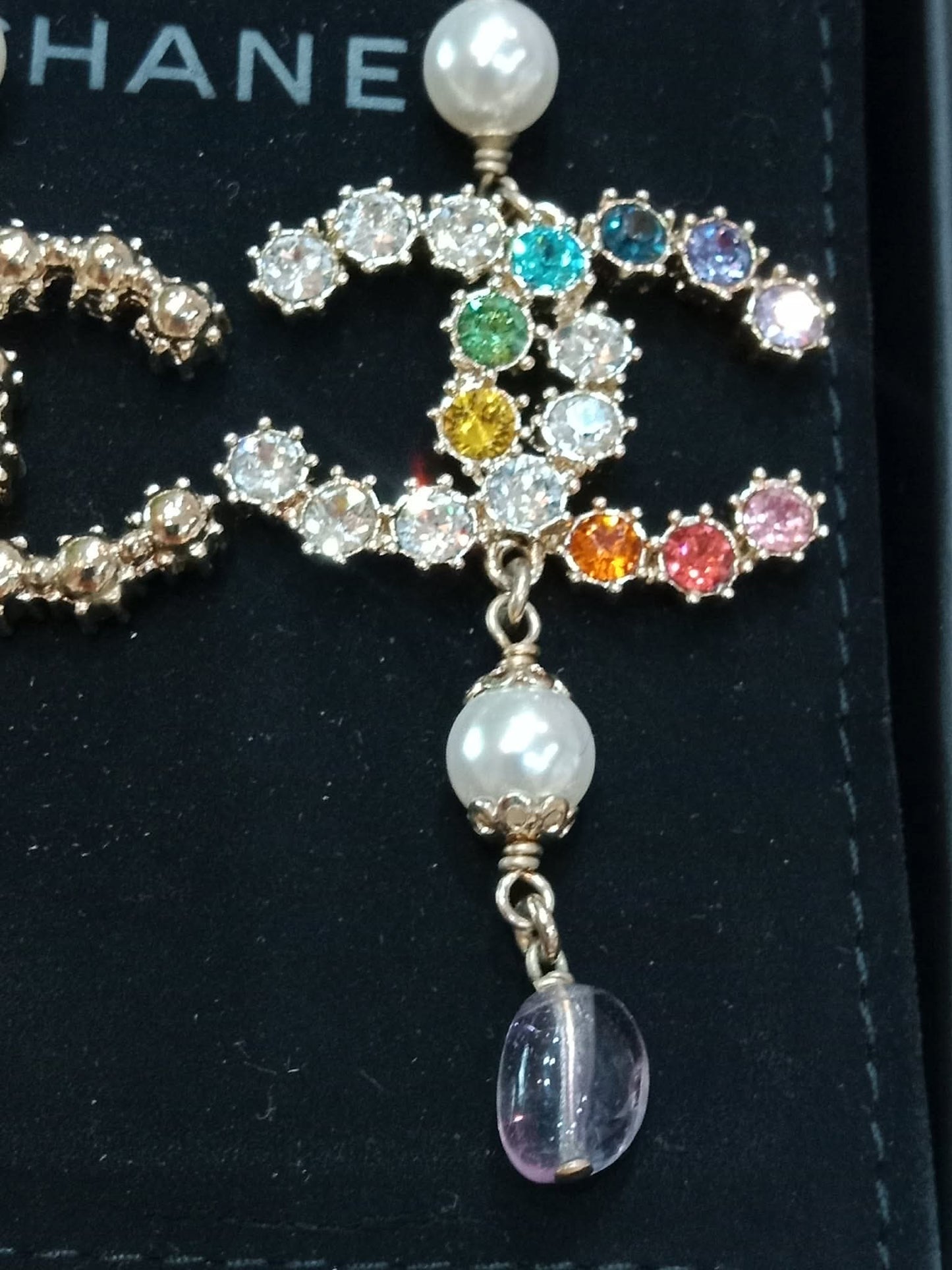 Chanel Rainbow Crystal CC Drop Earrings